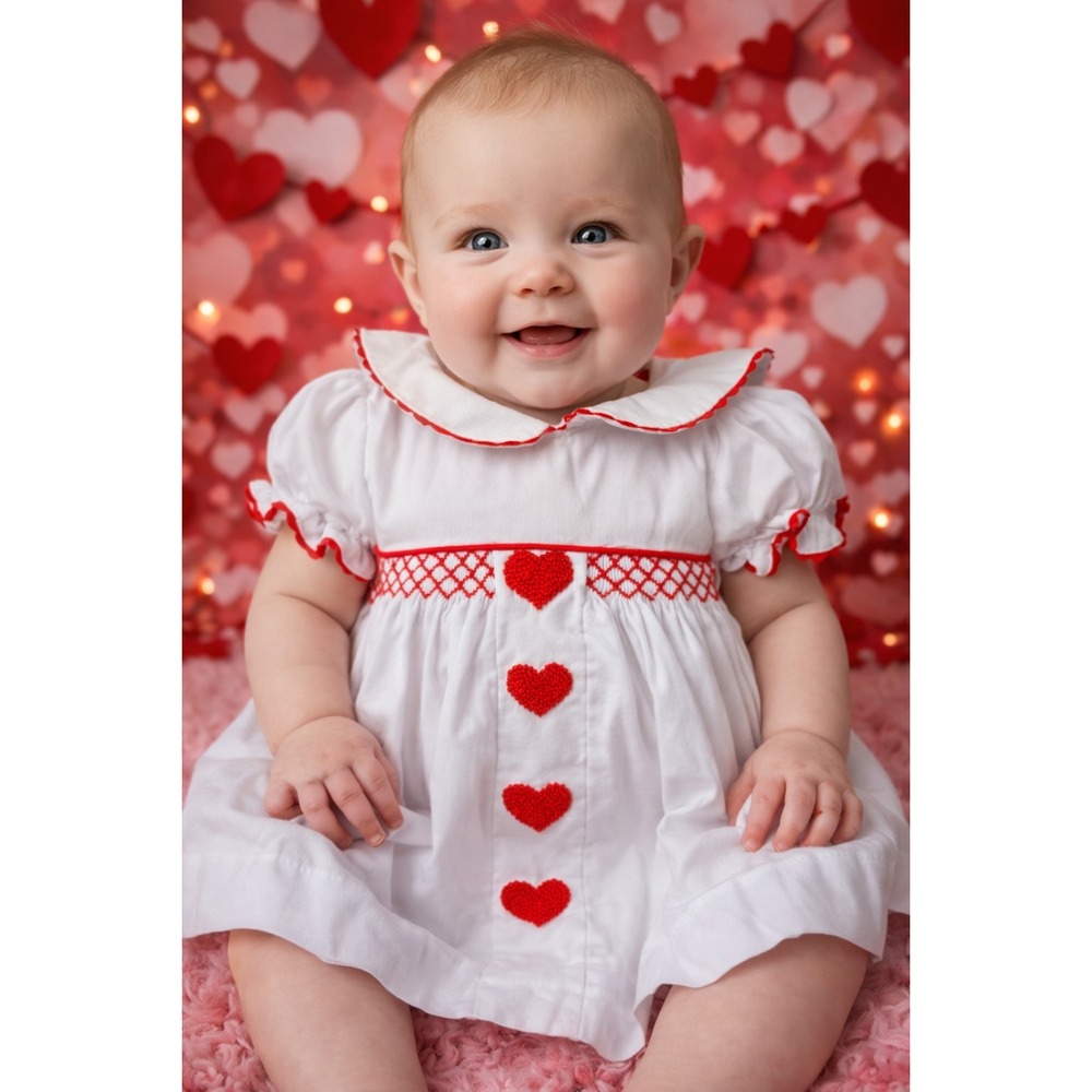 Babeeni Toddler Girl's Valentine's Smocked Embroidered Heart Shift Dress Sz 6 M